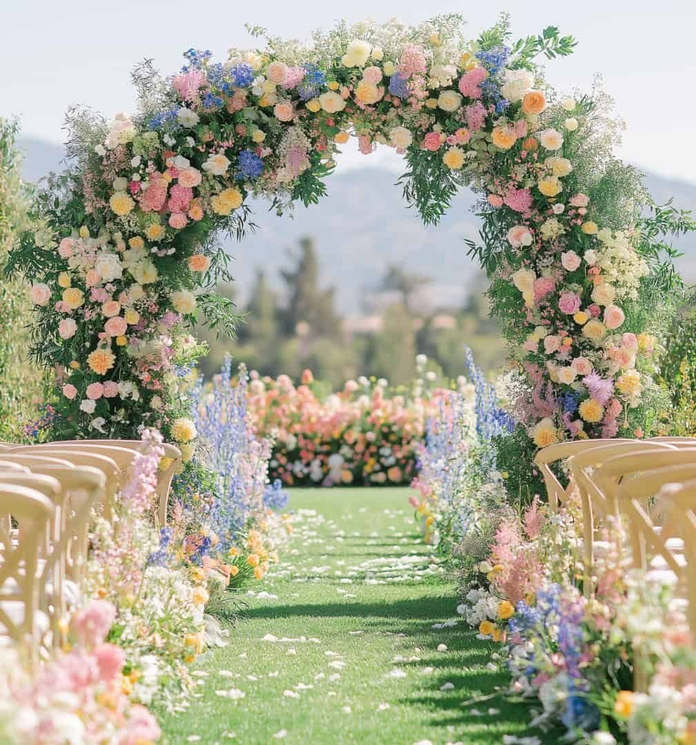 Outdoor wedding ceremony under a lush floral arch